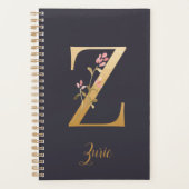 Personalisiertes Gold Blue Elegant Floral Monogram Planer (Vorderseite)