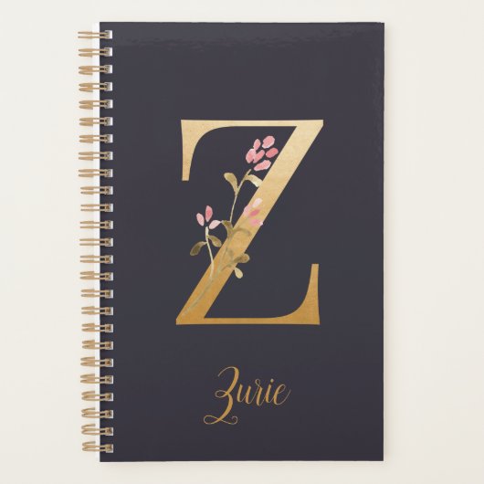 Personalisiertes Gold Blue Elegant Floral Monogram Planer (Vorderseite)