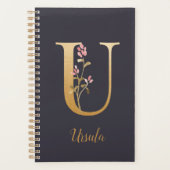 Personalisiertes Gold Blue Elegant Floral Monogram Planer (Vorderseite)