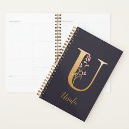 Personalisiertes Gold Blue Elegant Floral Monogram Planer