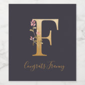 Personalisiertes Gold Blue Elegant Floral Monogram Weinetikett (Einzelnes Label)