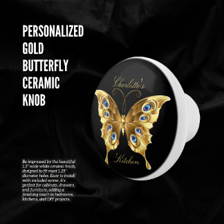 Personalisiertes Gold Butterfly Black Keramikknauf