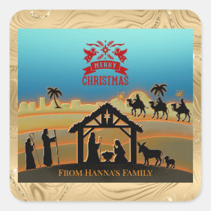Personalisiertes Gold-Christgeburt "Frohe Weihnach Quadratischer Aufkleber