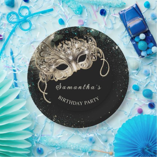 Personalisiertes Gold Emerald Green Masquerade Par Pappteller (Party)