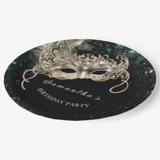 Personalisiertes Gold Emerald Green Masquerade Par Pappteller (Schrägansicht)