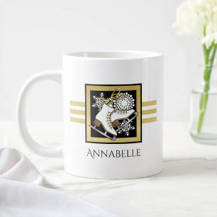 Personalisiertes Gold-Glitter Schwarz-Weiß-Eislauf Jumbo-Tasse