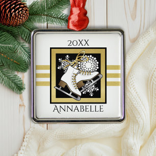 Personalisiertes Gold-Glitter-Schwarz-Weiß-Eislauf Ornament Aus Metall
