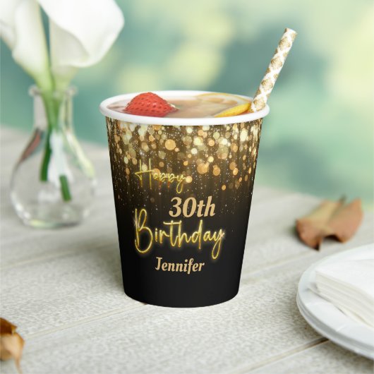 Personalisiertes Gold Glossy Happy Birthday Black Pappbecher (In Situ)
