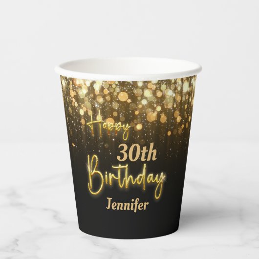 Personalisiertes Gold Glossy Happy Birthday Black Pappbecher (Vorderseite)