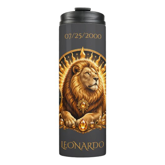 Personalisiertes Gold-Grau Sternzeichen Löwe Thermosbecher (Vorderseite)