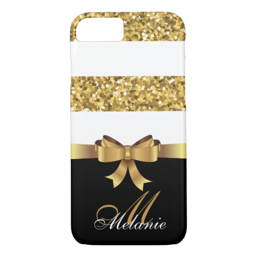 Personalisiertes Gold, Schwarz-weißer GLITZER STRI Case-Mate iPhone Hülle (Rückseite)