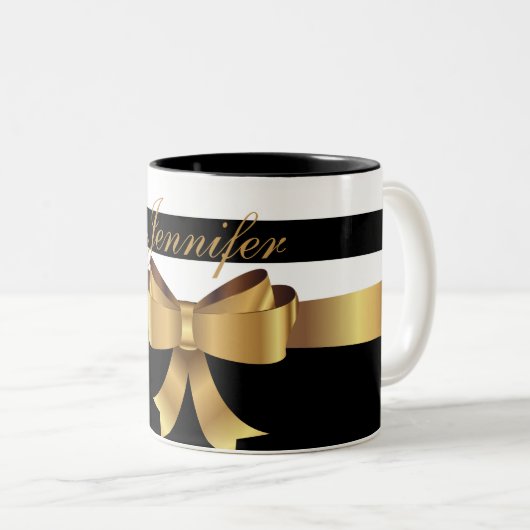Personalisiertes Gold, schwarze, feine Streifen, g Zweifarbige Tasse (VorderseiteRechts)