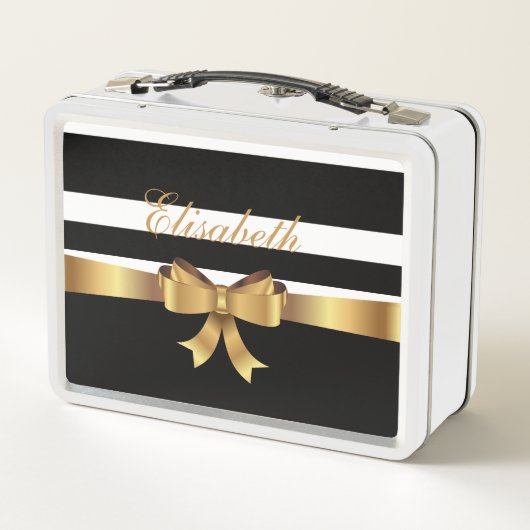Personalisiertes Gold, schwarze Streifen ELEGANT B Metall Lunch Box (Rückseite)