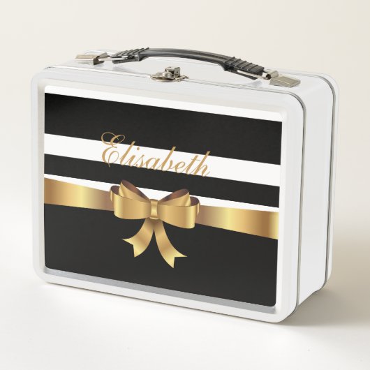 Personalisiertes Gold, schwarze Streifen ELEGANT B Metall Lunch Box (Vorderseite)
