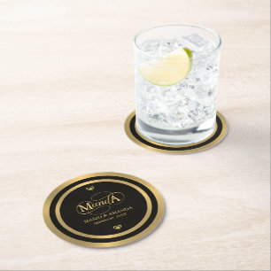 Personalisiertes gold-schwarzes Hochzeitsmonogramm Runder Pappuntersetzer