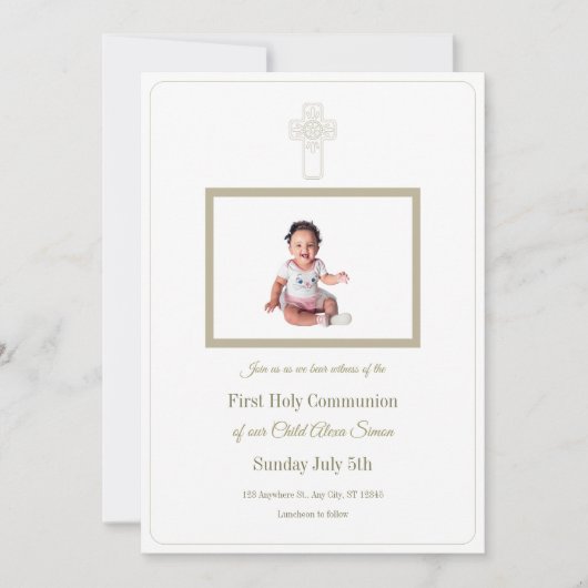 Personalisiertes Gold und Weiß Erste Heilige Kommu Einladung (Vorderseite)