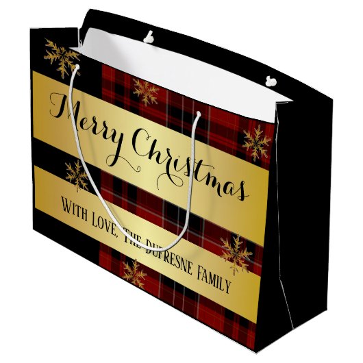 Personalisiertes Gold zu Karierten Weihnachten Große Geschenktüte (Rückseite Schrägansicht)