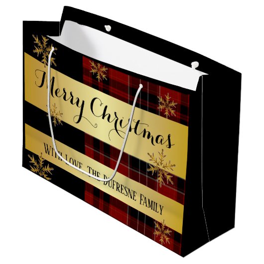 Personalisiertes Gold zu Karierten Weihnachten Große Geschenktüte (Vorderseite Schrägansicht)