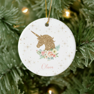 Personalisiertes goldenes Glitter-Einhorn Keramik Ornament