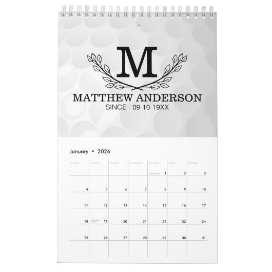 Personalisiertes Golf Ball Muster Name Monogramm A Kalender (Jan 2026)