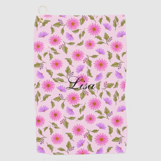 Personalisiertes Golfhandtuch Pink Lacy Daisy (Vorderseite)
