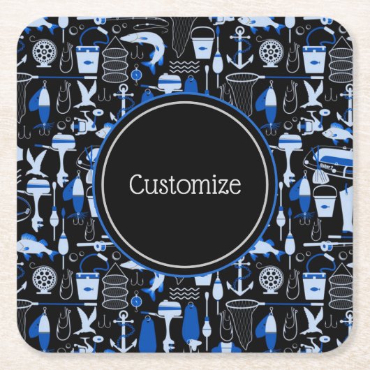 Personalisiertes Gone Fishing Blauer Muster Rechteckiger Pappuntersetzer (Vorderseite)