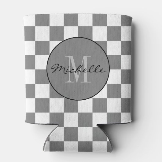 Personalisiertes Graues und weißes Prüfbrett-Muste Dosenkühler (Rückseite)