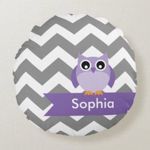 Personalisiertes graues Zickzack Lila Owl Rundes Kissen