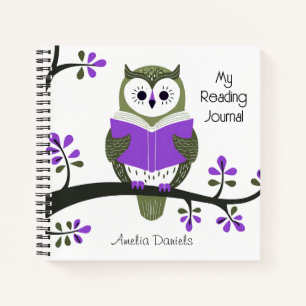 Personalisiertes Green & Lila Owl Reading Journal Notizblock