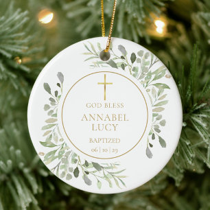 Personalisiertes Grün Gold Junge oder Mädchen Tauf Keramik Ornament