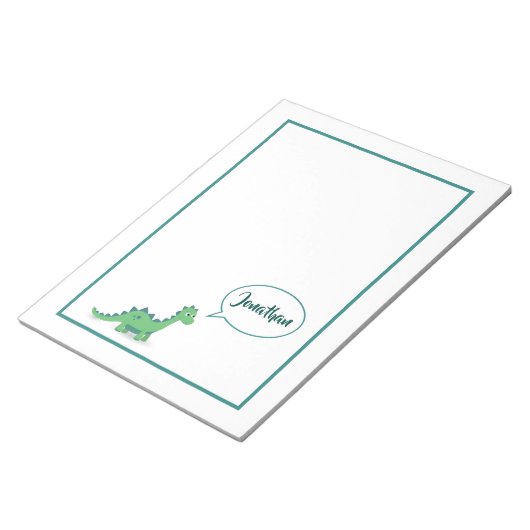 Personalisiertes grünes Dinosaurier-Kindernotepad Notizblock (angewinkelt)