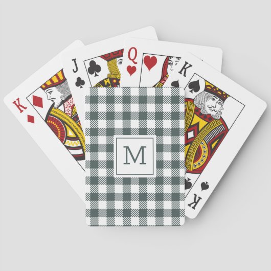 Personalisiertes grünes Gingham-Karo-Monogramm Spielkarten (Rückseite)