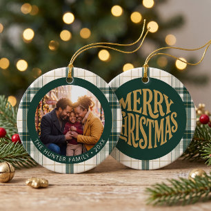 Personalisiertes grünes Karo-Familienfoto Keramik Ornament