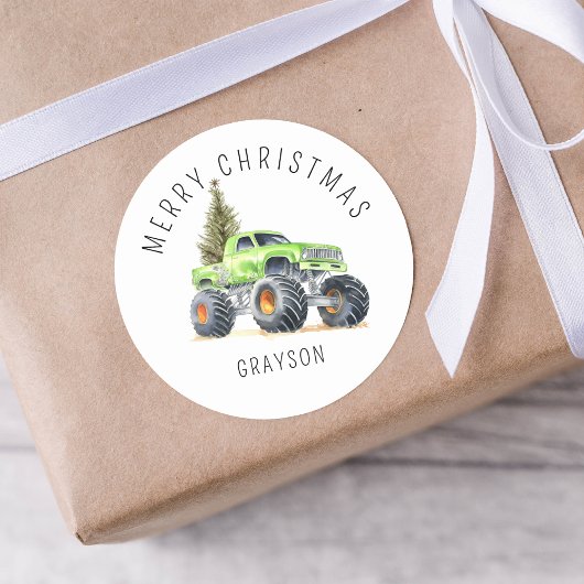 Personalisiertes grünes Monster Truck Weihnachtsge Runder Aufkleber