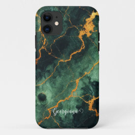 Personalisiertes Grünes und goldenes Waldmarmor Case-Mate iPhone Hülle