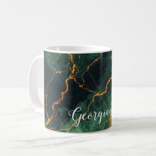 Personalisiertes Grünes und goldenes Waldmarmor Kaffeetasse (Vorderseite Links)