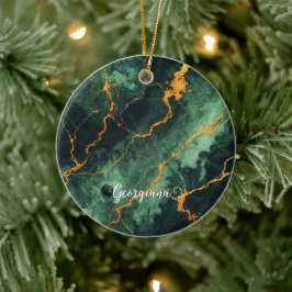 Personalisiertes Grünes und goldenes Waldmarmor Keramik Ornament