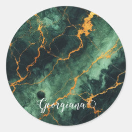 Personalisiertes Grünes und goldenes Waldmarmor Runder Aufkleber
