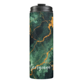 Personalisiertes Grünes und goldenes Waldmarmor Thermosbecher