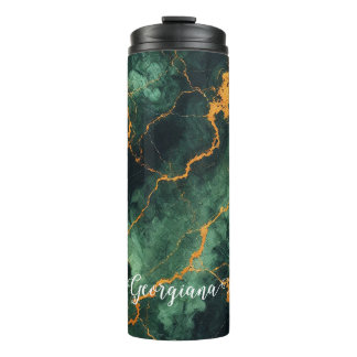 Personalisiertes Grünes und goldenes Waldmarmor Thermosbecher