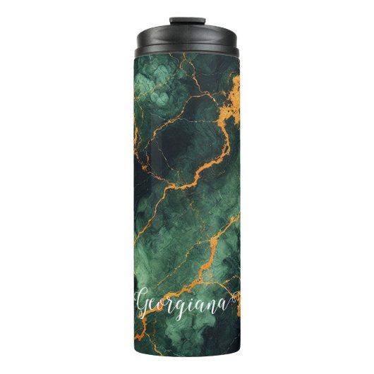 Personalisiertes Grünes und goldenes Waldmarmor Thermosbecher (Vorderseite)