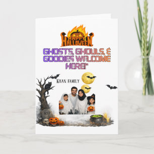 Personalisiertes Halloween-Familienfoto-Türschild Karte