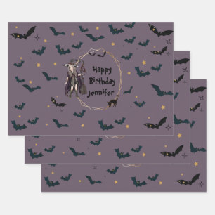 Personalisiertes Halloween-Fledermausmuster Geschenkpapier Set
