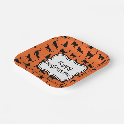 Personalisiertes Halloween-Party Orange Black Cat Pappteller (Gewinkelt)