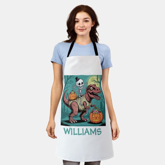 Personalisiertes Halloween Skeleton Riding Dinosau Schürze (Getragen)