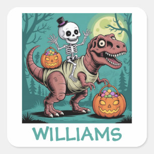 Personalisiertes Halloween-Skelett auf Dinosaurier Quadratischer Aufkleber