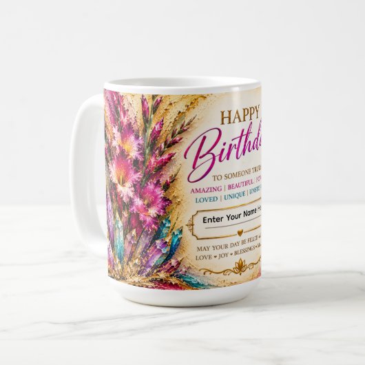 Personalisiertes Happy Birthday™ August-Geburtsmon Kaffeetasse (Vorderseite Links)