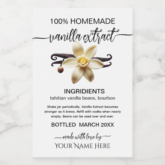 Personalisiertes, hausgemachte Vanilla Extrahieren Weinetikett (Einzelnes Label)