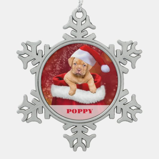 Personalisiertes Haustier Foto Schneeflocke Gerahm Schneeflocken Zinn-Ornament (Vorderseite)