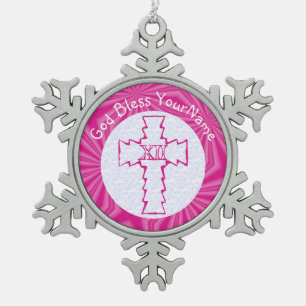 Personalisiertes heißrosa feminines christliches K Schneeflocken Zinn-Ornament